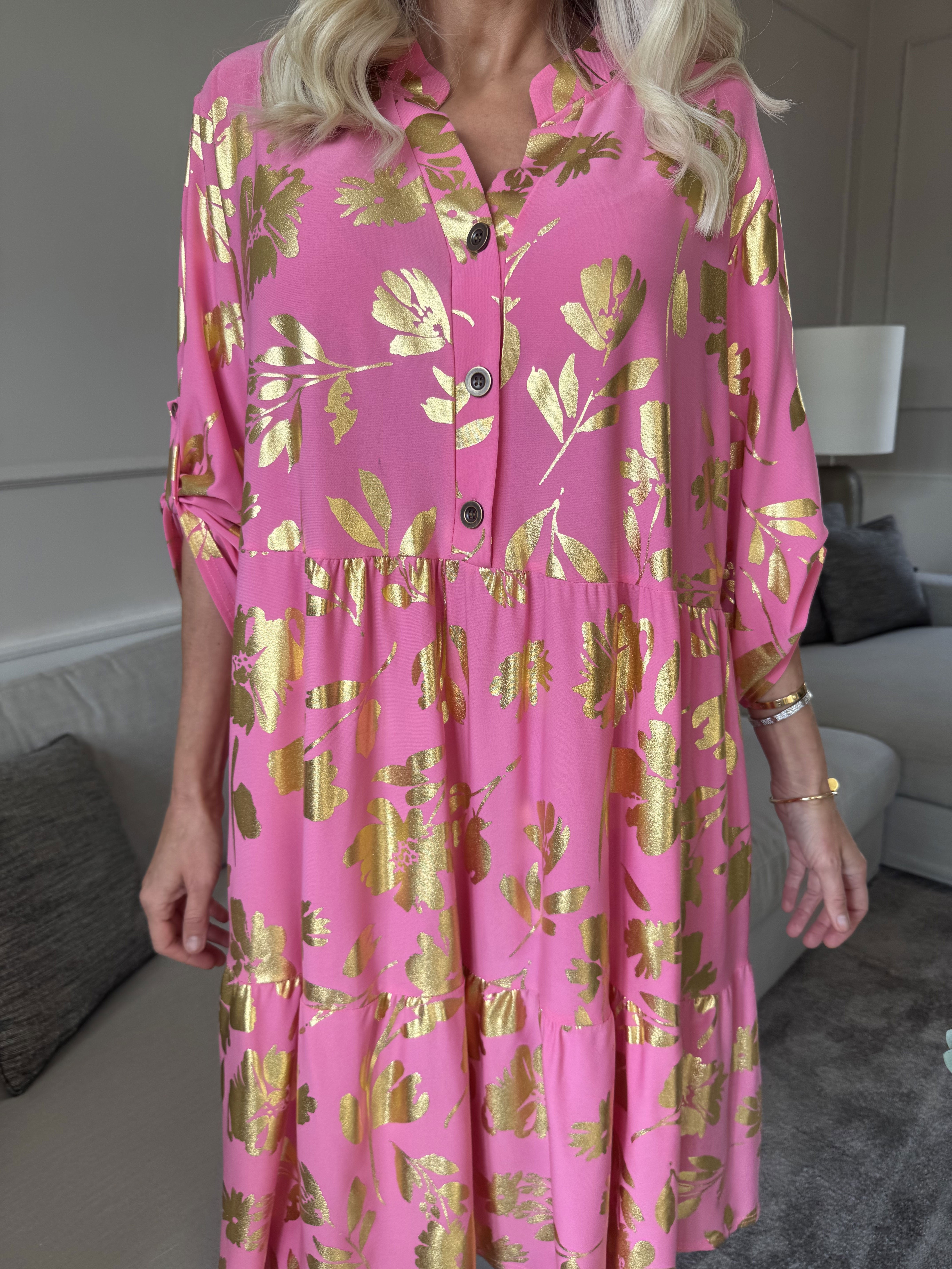 Milano Gold Flower Midi - Klänning med guldblad och lager-på-lager-look